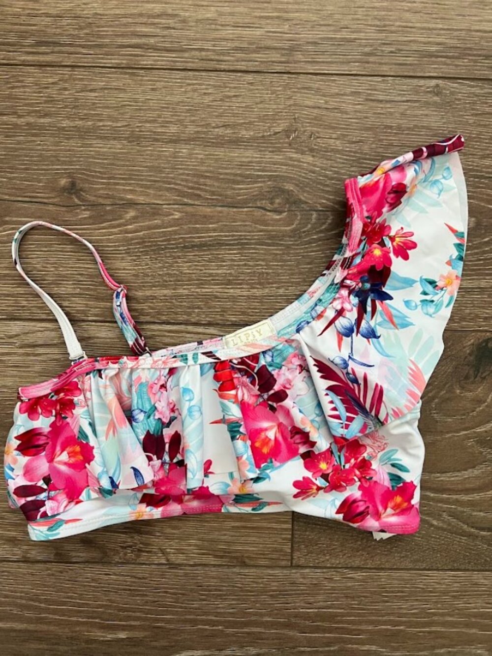 Lipsy London Pink Blue Floral Asymmetric Ruffle Bikini Top Size 11-12 Years